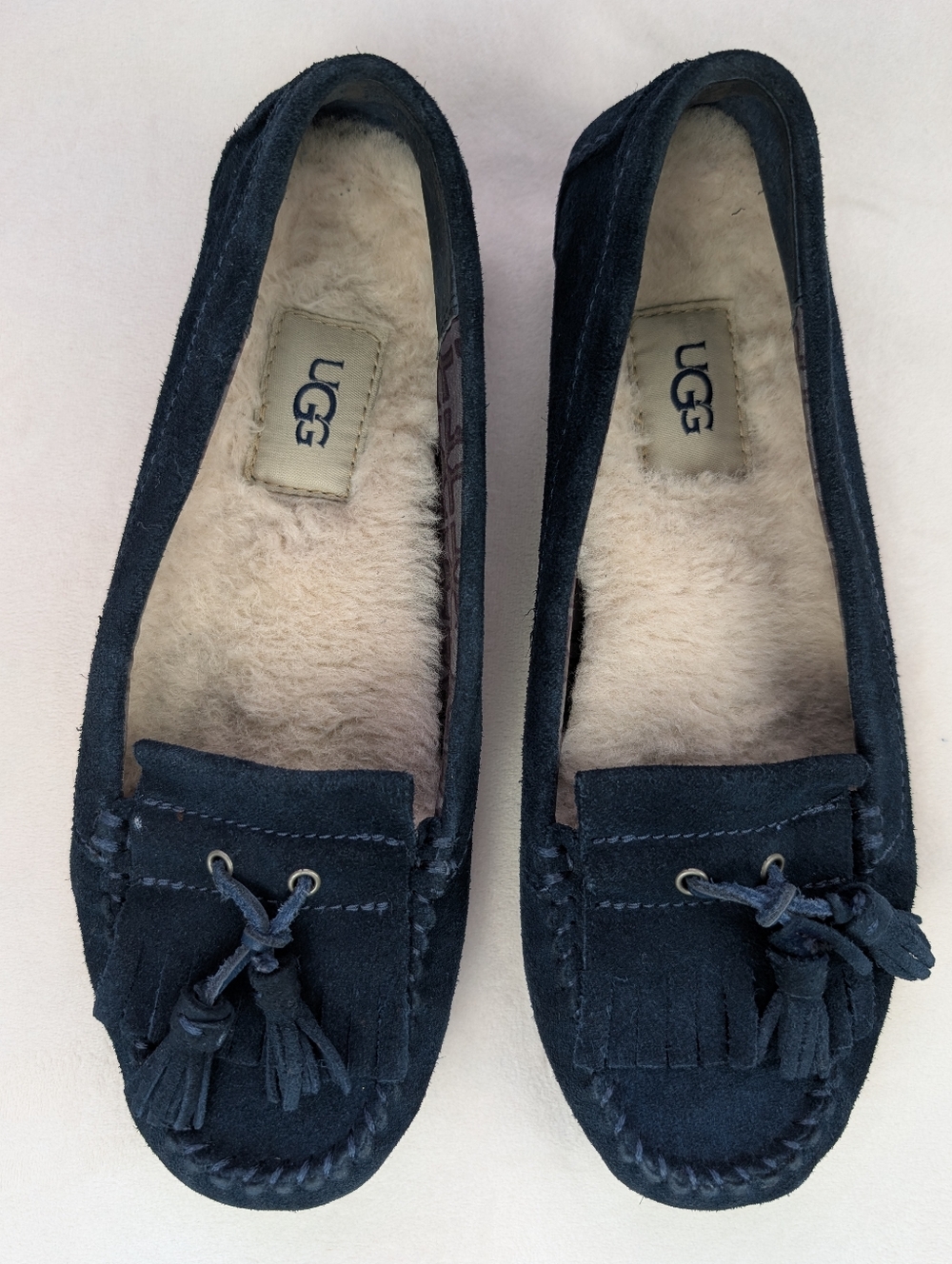 UGG Lizzy Navy Blue Suede Shearling Moccasin Slippers Women’s 7